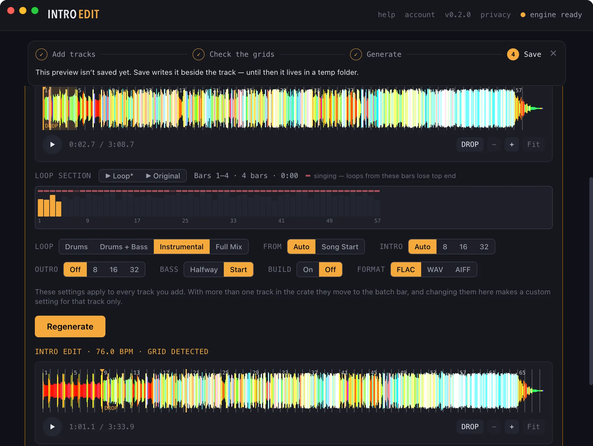 The IntroEdit app with one track open: a guide strip across the top showing Add tracks, Check the grids and Generate ticked and Save in progress; the original track’s waveform with the drop marked; a bar-by-bar strip with the bars that have singing flagged and bars 1 to 4 selected for the loop; options for loop source, intro and outro length, bass, build and file format; and below, the generated intro edit’s waveform at 76 BPM.